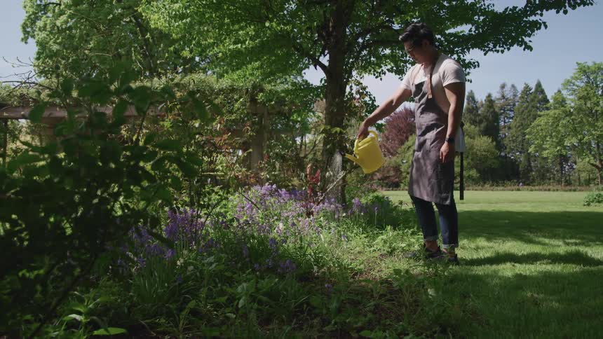 Man wearing an apron waters the flowers in the garden outdoors