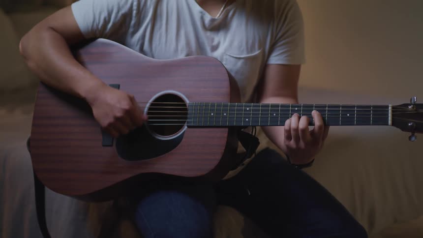 Man with a jeans and a t white shirt sitting on a stool plays a guitar