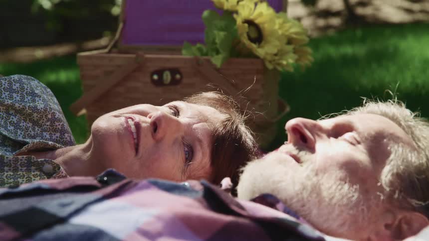 Two people laying on a blanket in a field