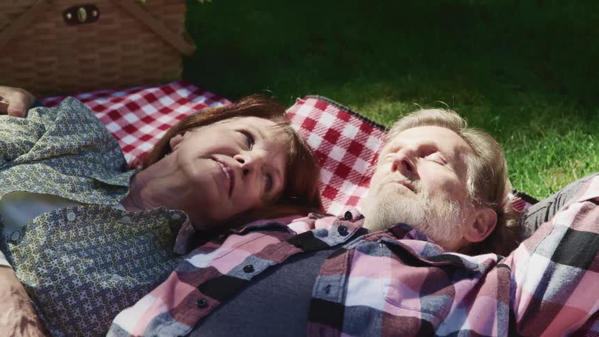 A man lies on a picnic blanket with his eyes closed and his wife looks at him