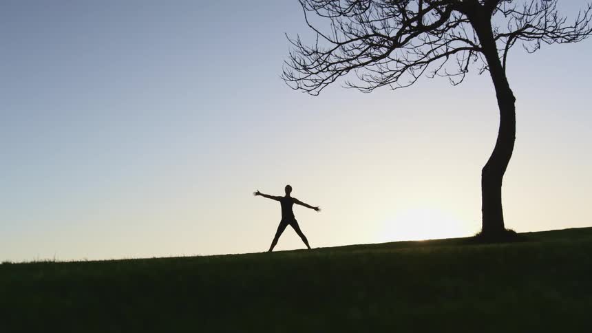 A silhouette of a woman stretching on a grassy field next to a tree with the sky and clouds in the background