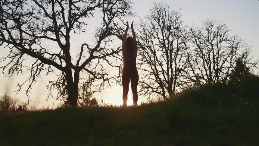 Woman wearing sports clothing practices yoga in the grass near the trees at sunset