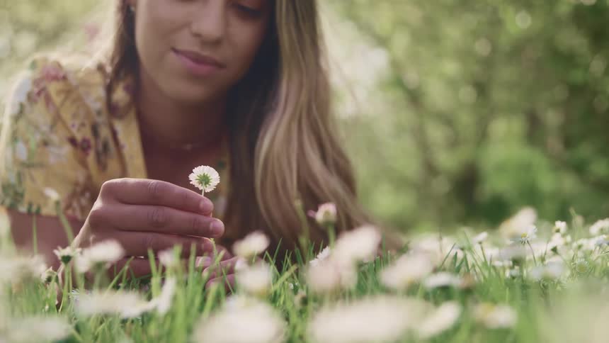 A woman lies on her stomach in a meadow twirling a flower in her fingers