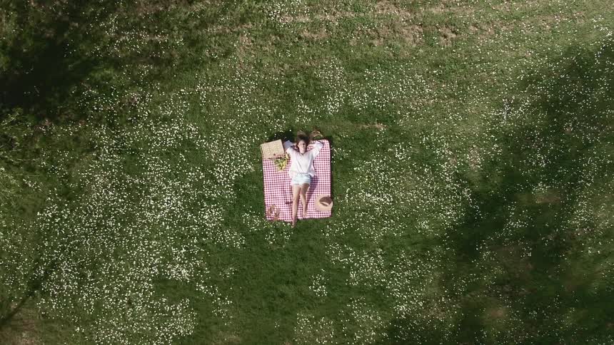 A woman lies down on a red gingham blanket in a park