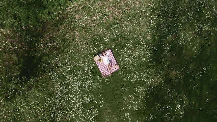 A woman is resting on a picnic basket below