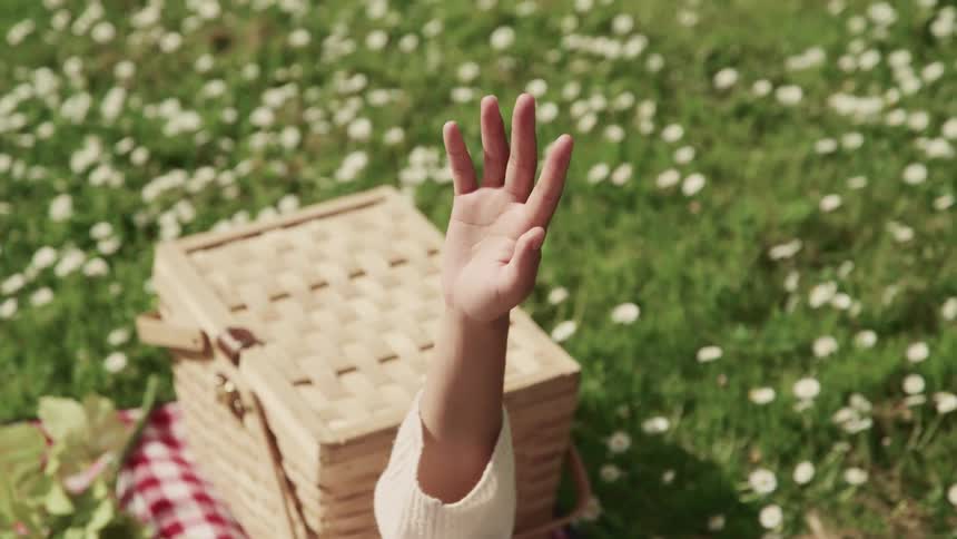 A woman reaches her hand up to the sky as she lies on a red gingham picnic basket in a meadow
