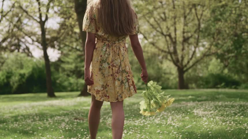 A teenage girl walks across the grass carrying flowers