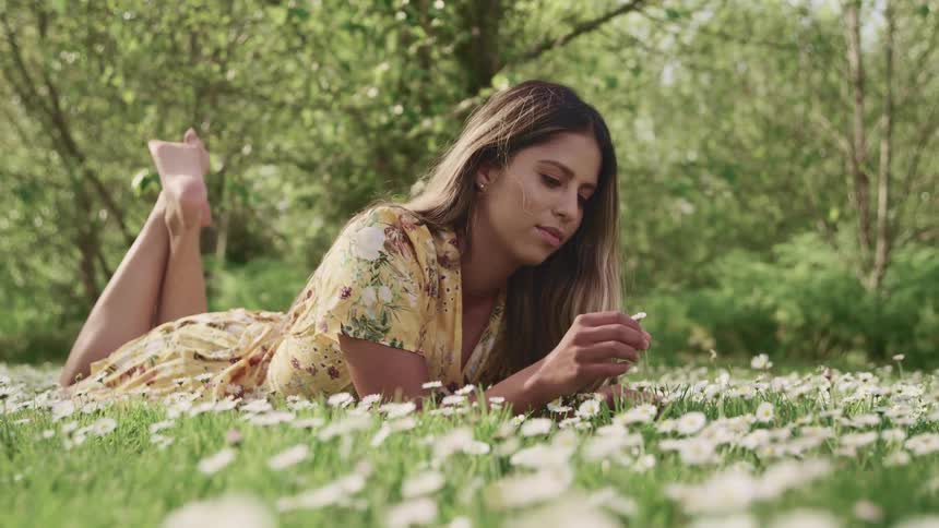 A young woman on her stomach in the grass of a meadow and gazes at a flower in her hand