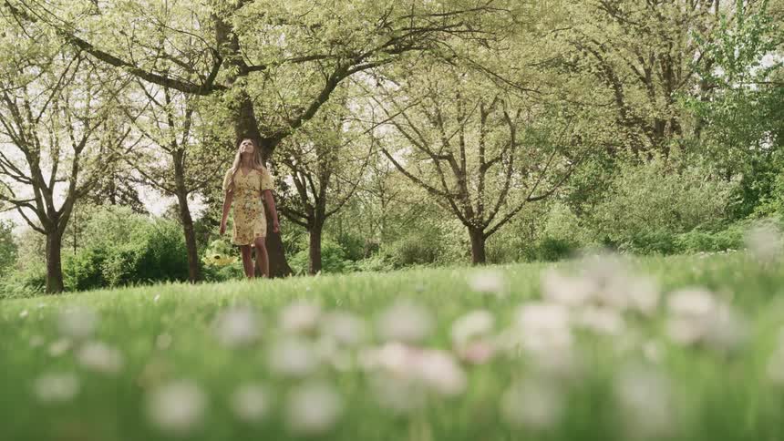Woman with long brown hair and a yellow dress walks on green grass and looks at flowering trees