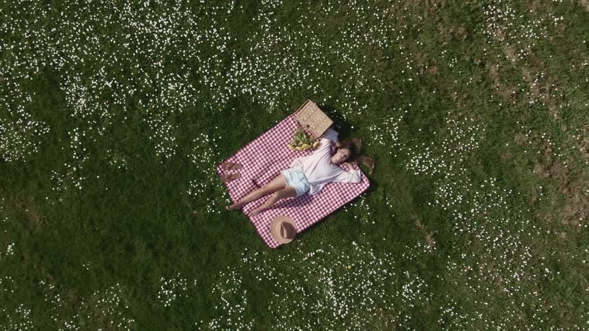 A teenager sleeping on a picnic blanket on a meadow covered in flowers