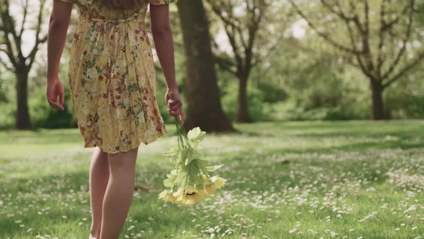 A woman with a flower dress holding flowers walking on a grassy field with flowers with trees and the sky in the background
