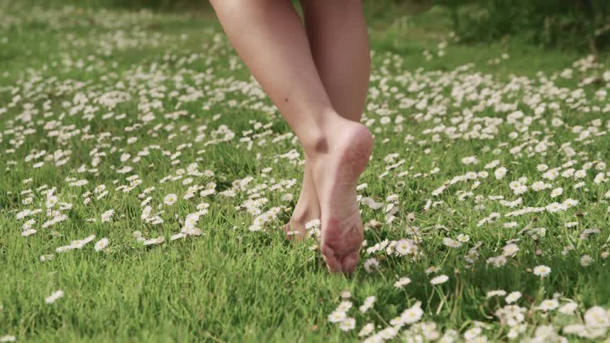 A person is walking barefoot through the flowers