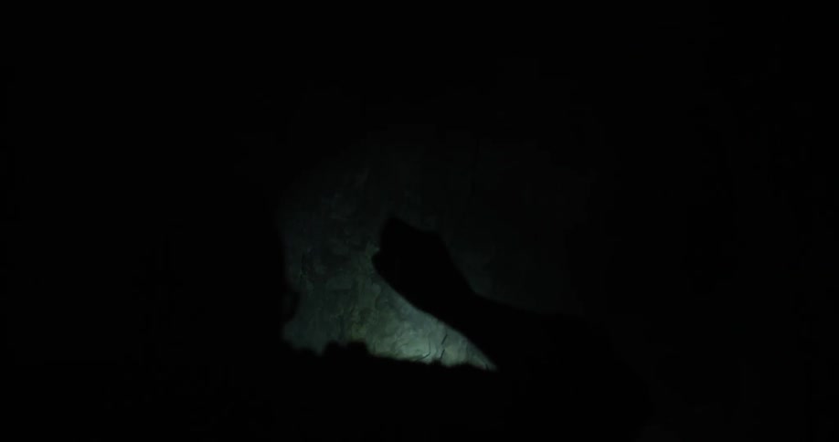 A person is using a flashlight to search a dark cave