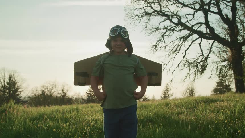 Young boy wearing an aviator hat and cardboard wings stand in a grass field near a tree at sunset