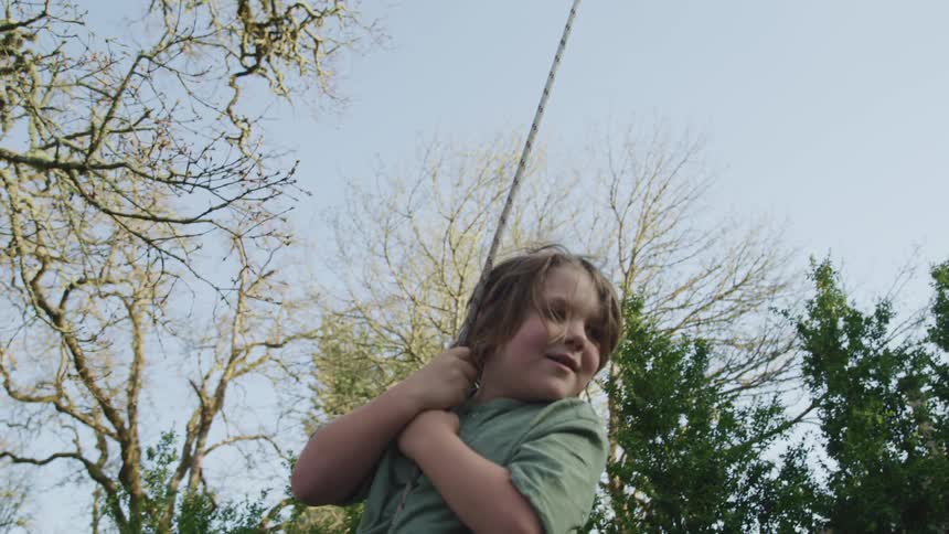 A little boy swinging in his back yard