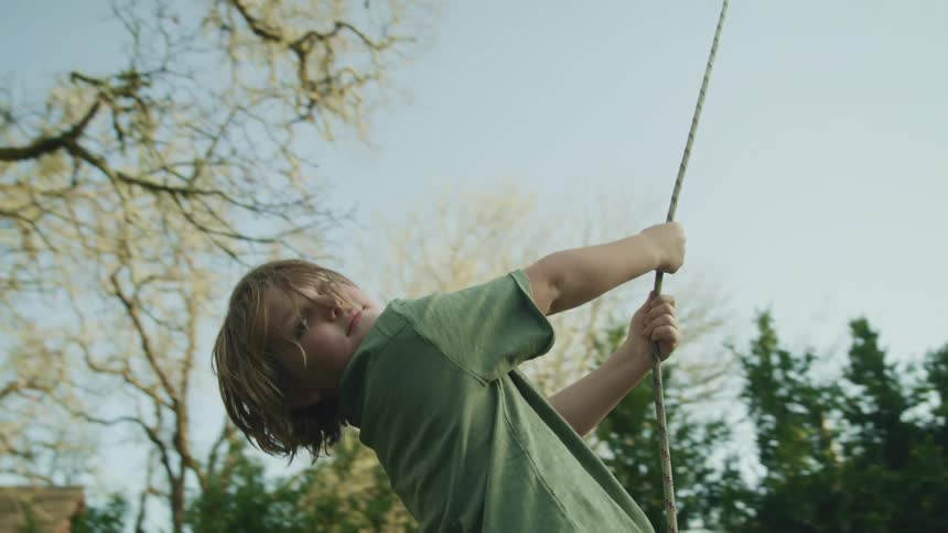 A little boy swinging in his back yard
