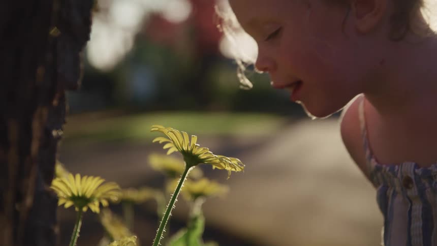 A young girl leans forward to sniff a flower before standing back up