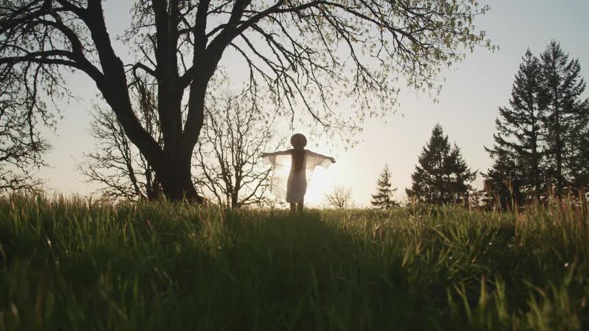 A woman standing in a field next to a tree raises her arms in to the air
