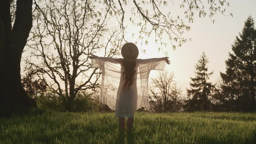 A woman stands under a tree in field in the evening and raises her arms towards the sky