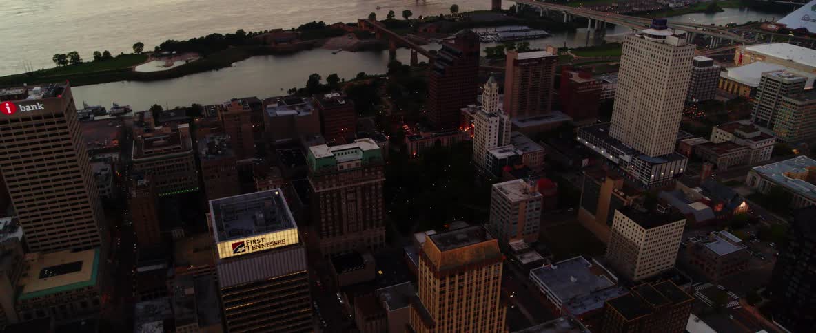 Aerial view of the city of memphis near the mississippi river at sunset