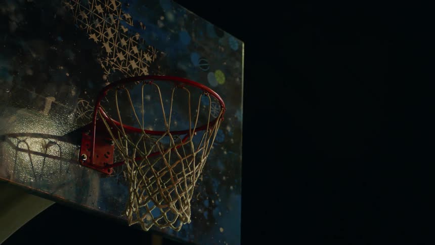 Spotlights shining down on a basketball hoop