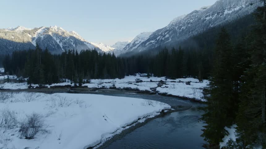Tilting up from a forest creek surrounded by evergreen trees and tall mountains under blue skies