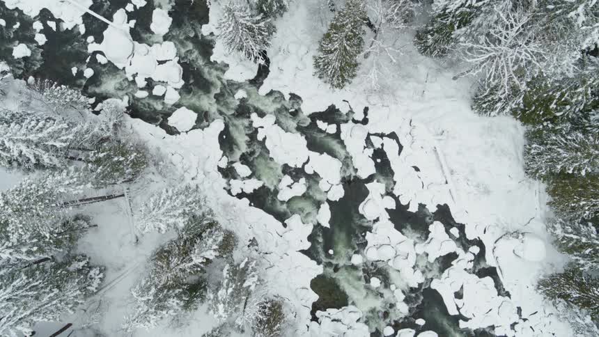 Birds eye view of rushing rapids along a snow covered forest stream