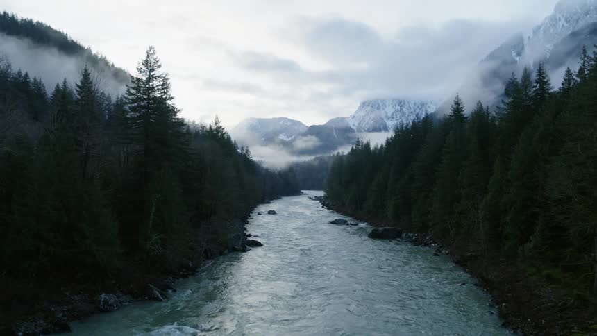 Flying above a churning river flowing through a forest with fog shrouded mountains in the distance
