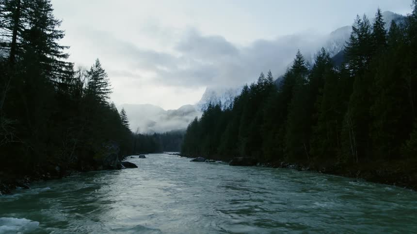 Tilt up from turbulent river waters to reveal a large boulder and dense mountain forest
