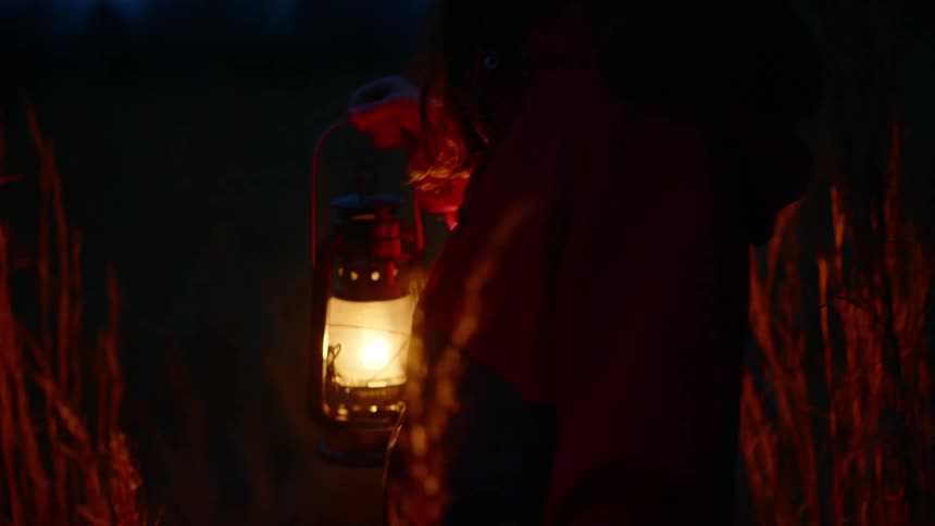 A woman carrying a lantern walks through tall grass stopping to point