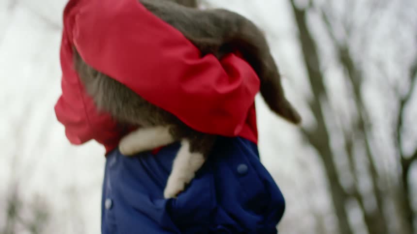 A girl lifts up a cat as it gently snows in a woodland