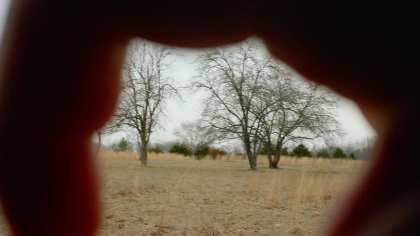 A persons hand in the foreground with a woman standing in a grassy field with trees in the background
