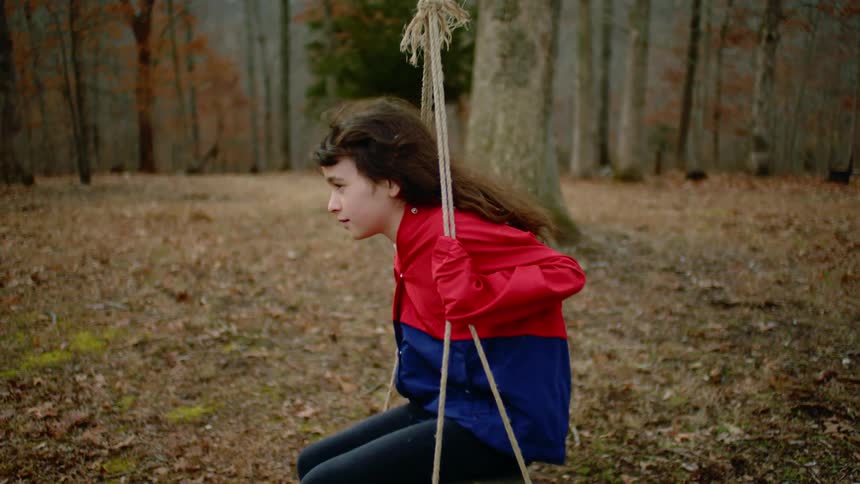 Young girl swings on a swing hung by a rope to a tree