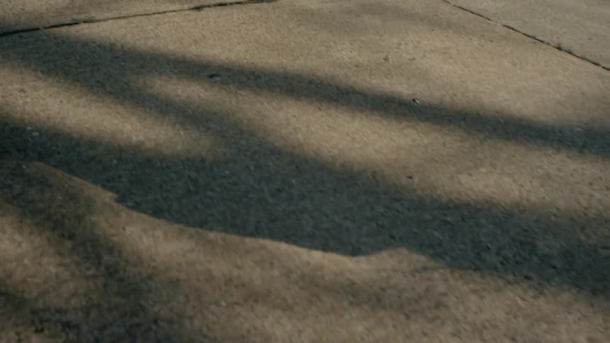 The shadow of a person walking down a paved area