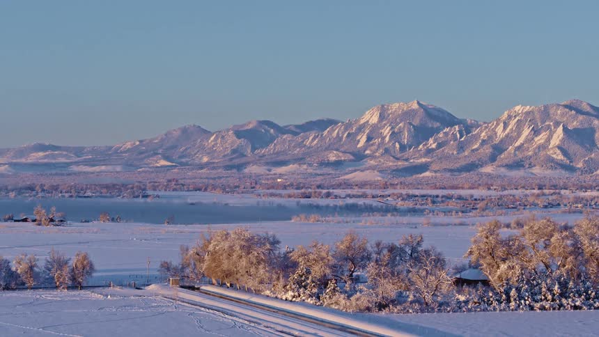 Landscape view of mountains and a snow covered field and lake