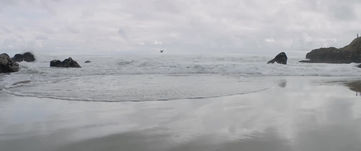 A serene view of a beach with cloudy skies in the background