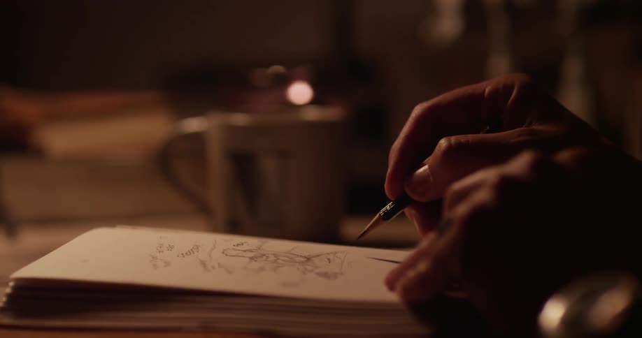 A person's hands drawing in a notebook