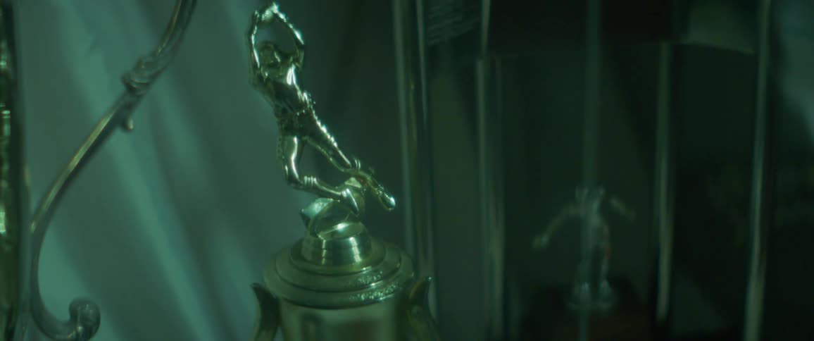 The trophy is gold and laying in a display