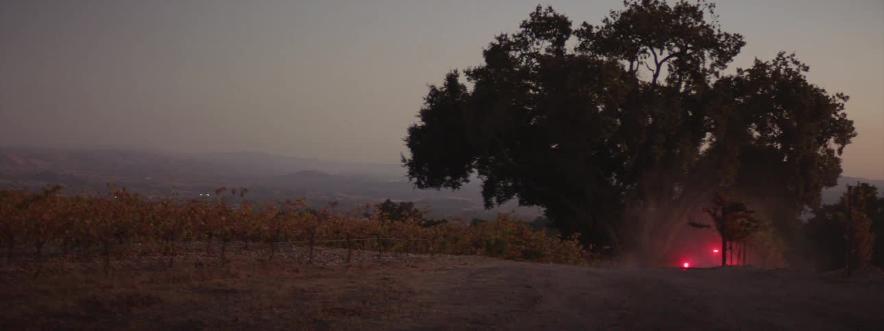 A car is driving in a rural area
