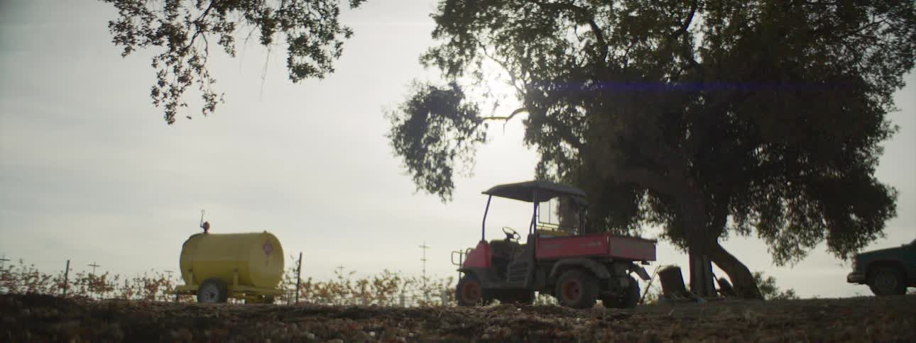 A tractor parked on a farm on a summer day