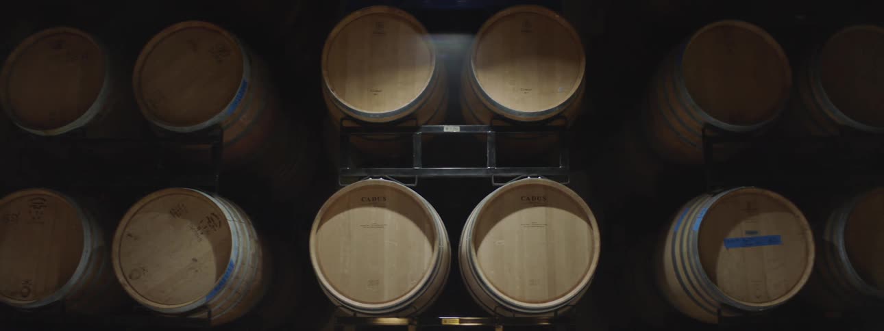 Wooden barrels stored on pallets inside a dimly lit warehouse