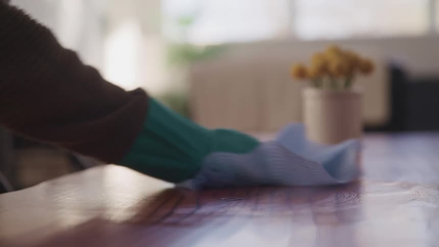 A gloved hand sprays cleaner on a table and the other gloved hands wipes it down with a cloth
