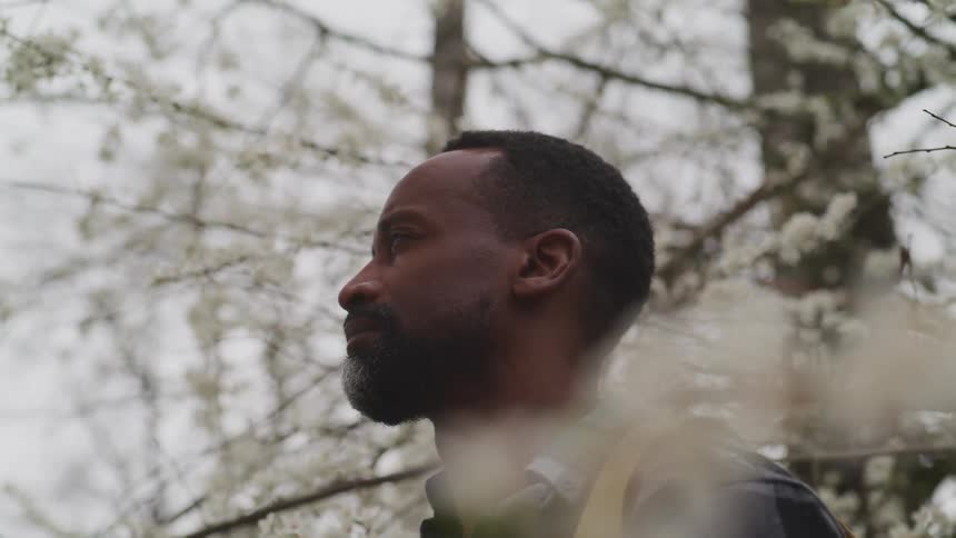 Side view of a black man with a shirt and a backpack looks into space under a flowering tree