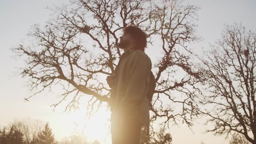Man stands outdoors looking up as sun shines from horizon past leafless trees
