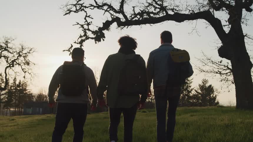 A group of friends are walking outdoors together at dusk