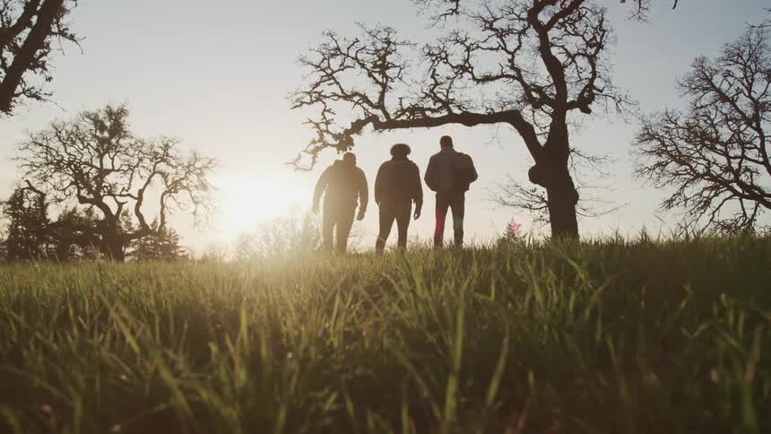 A group of friend walking uphill is silhouetted against the sun