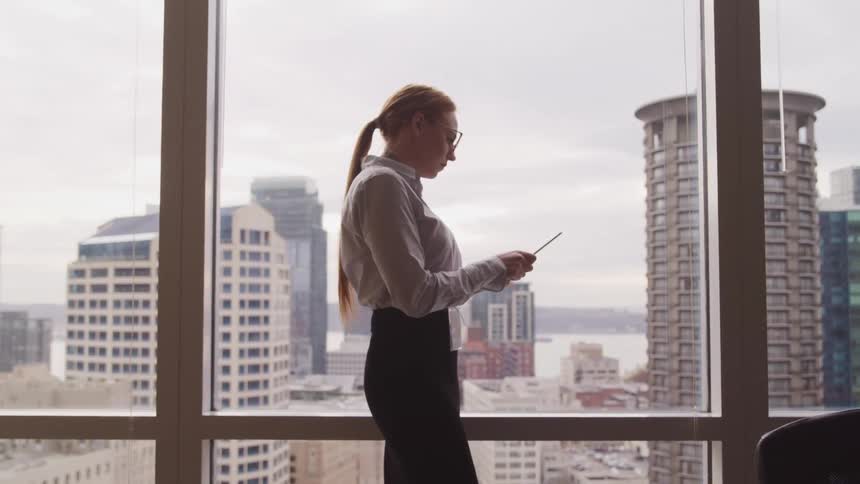 Side view of a woman with ponytail a shirt and a black skirt uses a tablet in the office with city skyline in the background