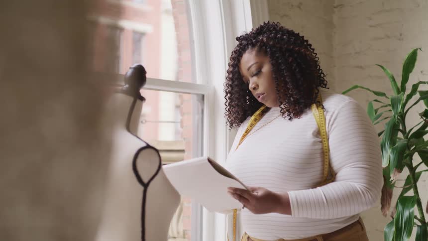 A woman stands in front of a mannequin writing on a pad