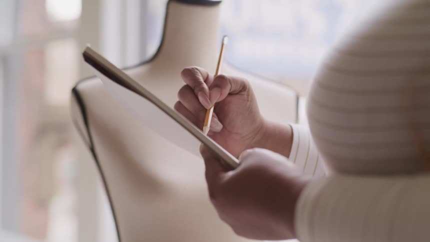 A designer standing next to a mannequin sketches