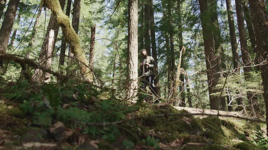 Man with a backpack and a shirt walks in the woods